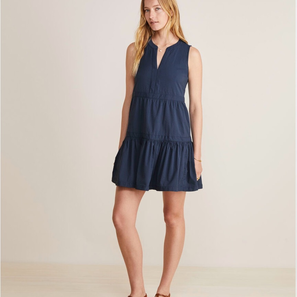 Harbor Seersucker Teered Sleeveless Dress Navy Blue XS